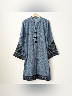 Alkaram Studio Women's Caftan Tunic Size 10 Blue White Embroidered Pool Resort
